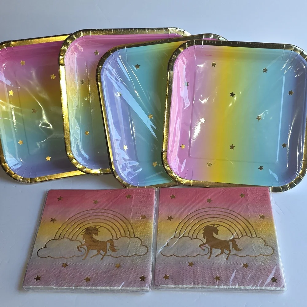 Unicorn Rainbow Multicolor Party Paper Plates & Napkins Set Birthday 64pcs